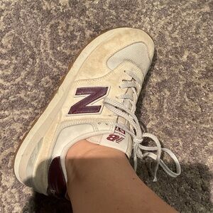 New Balance Women's Off-White and Maroon Sneakers 574 in size 8